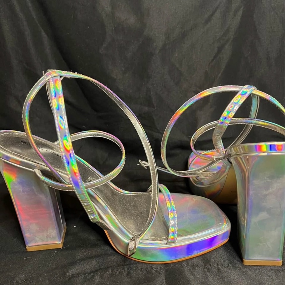 Holographic Strappy Block Heel Sandals